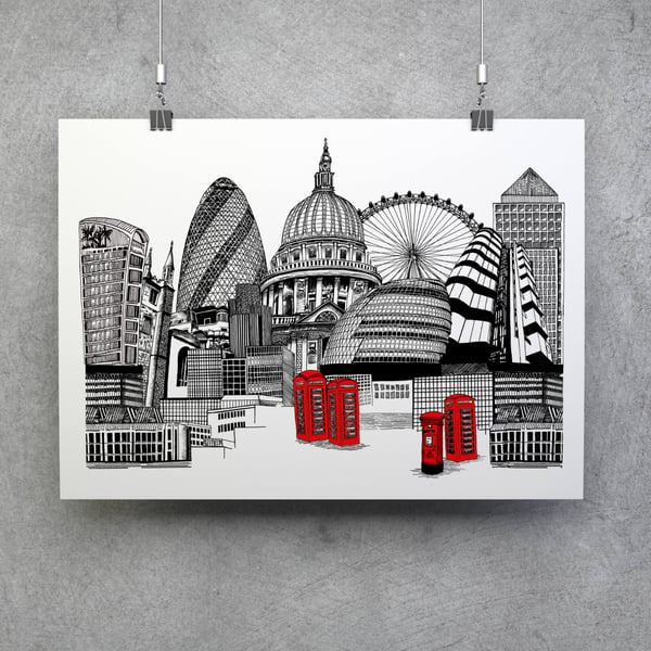 London Skyline Unframed Fine Art Print- A4 or A3 size- Free UK Shipping