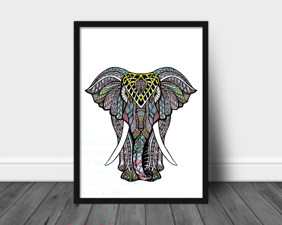 Indian Elephant print, mandala elephant wall art, elephant decor, elephant gift