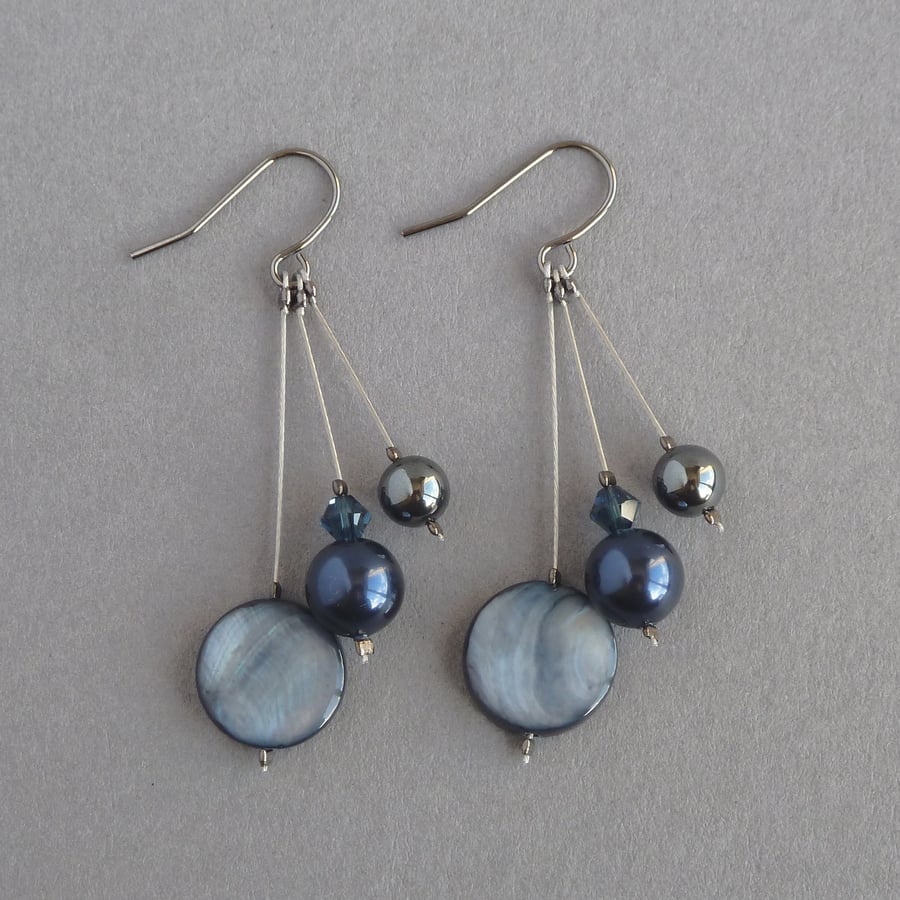 Navy Three Strand Dangle Earrings - Long Dark Blue Pearl Drop Earrings - Gifts