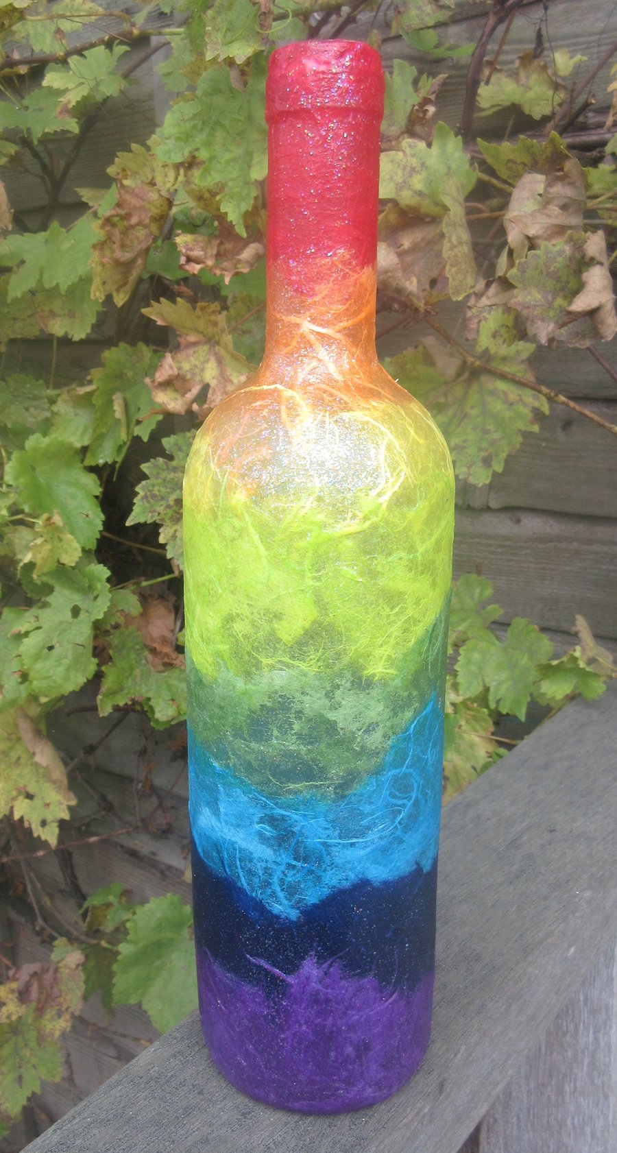 Bottle decoupaged in rainbow colours - available with lights