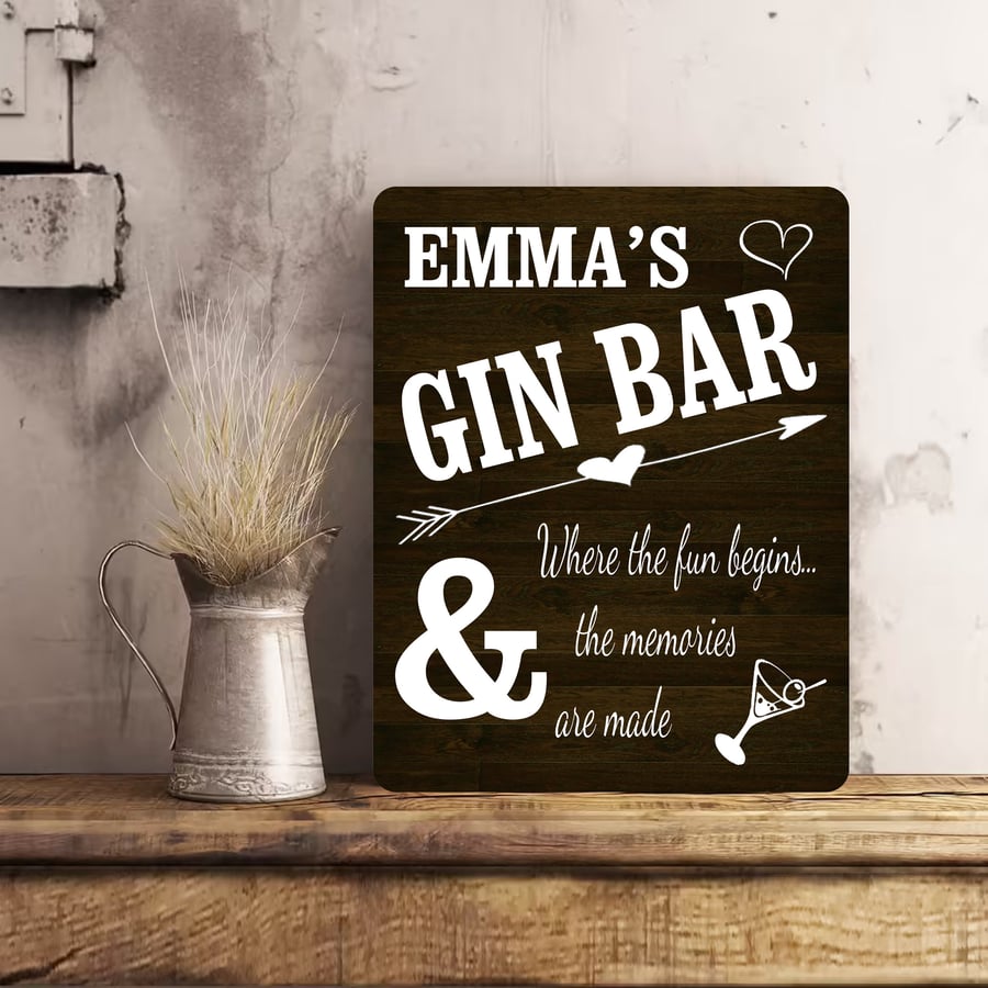 PERSONALISED Retro Vintage Gin Bar Metal Wall Sign Gift Present