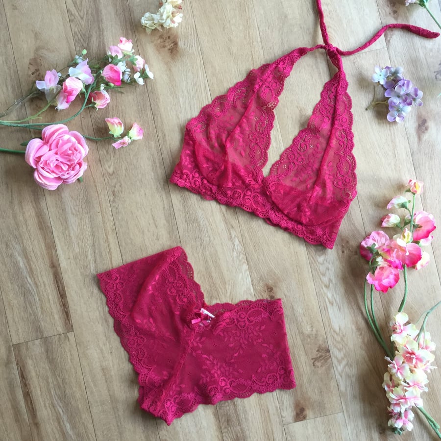 Pomegranate red pink lace halter  bralette and short set