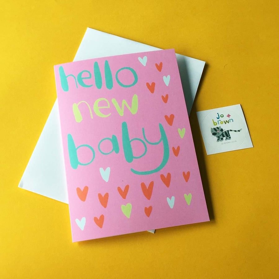 New Baby card in pink with coloured hearts