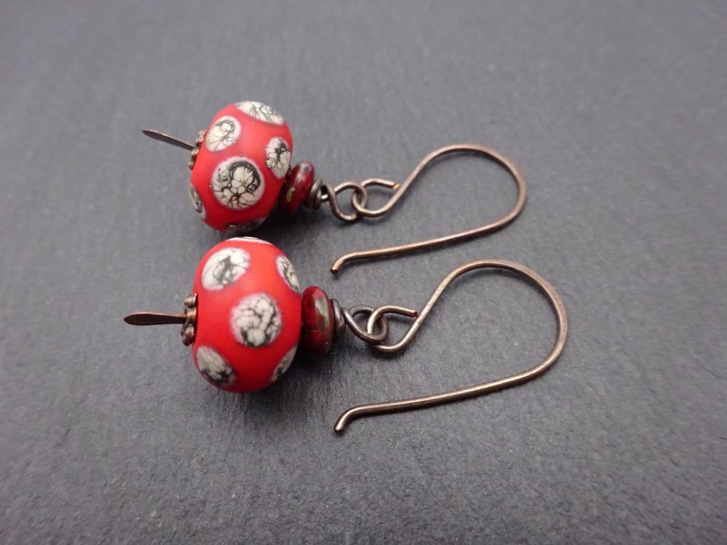 red lampwork glass earrings, copper jewellery