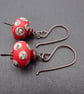 red lampwork glass earrings, copper jewellery