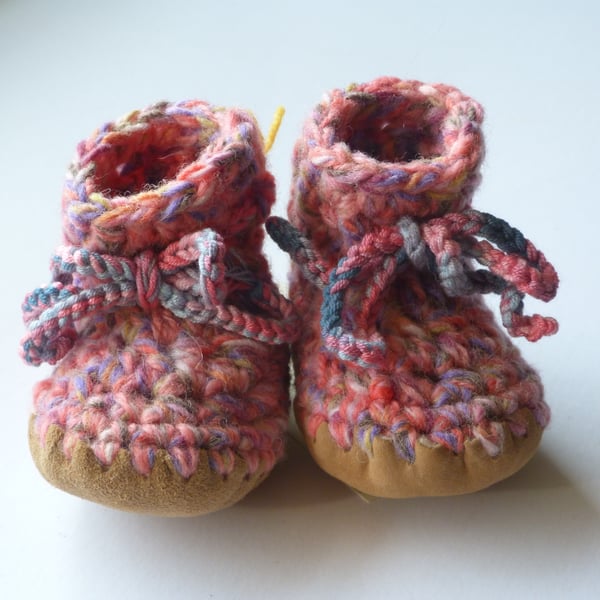 Wool & leather baby boots - soft pink mix - 3-6 months