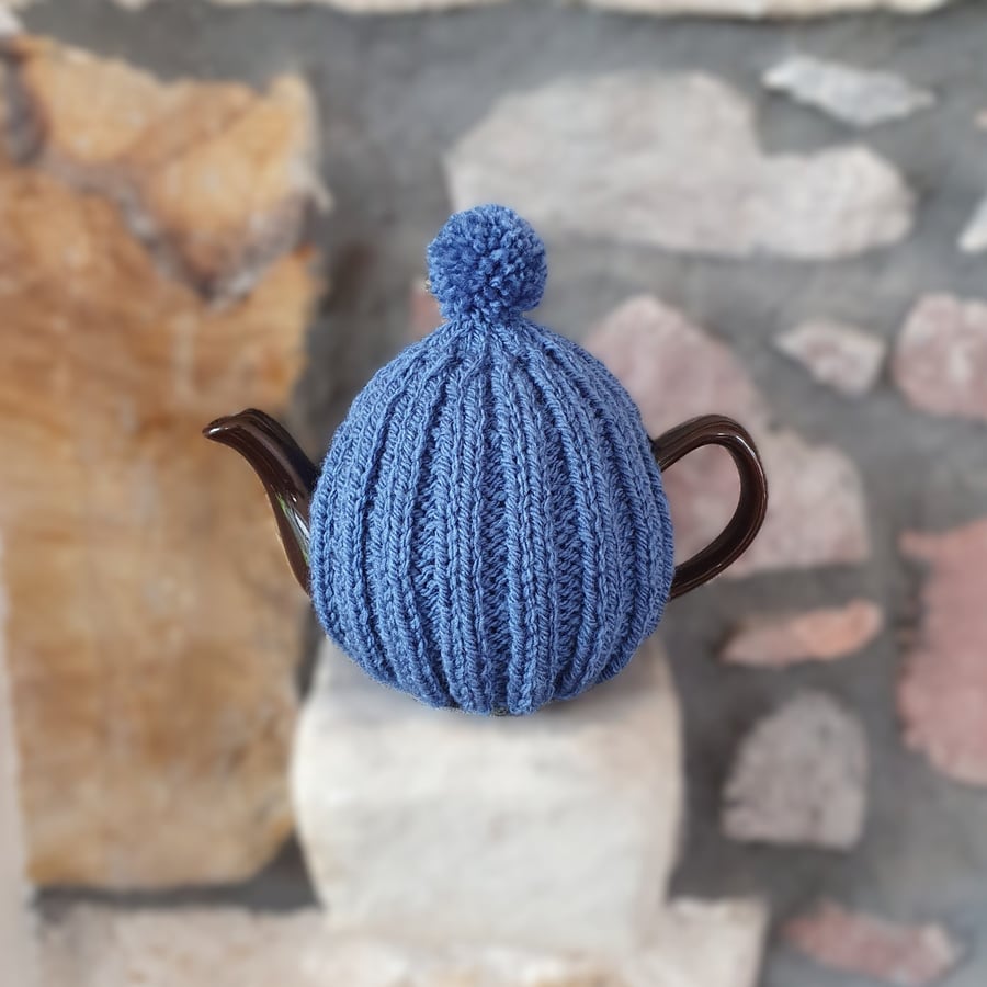 Small Tea Cosy for 2 Cup Tea Pot, Denim Blue, Hand Knitted