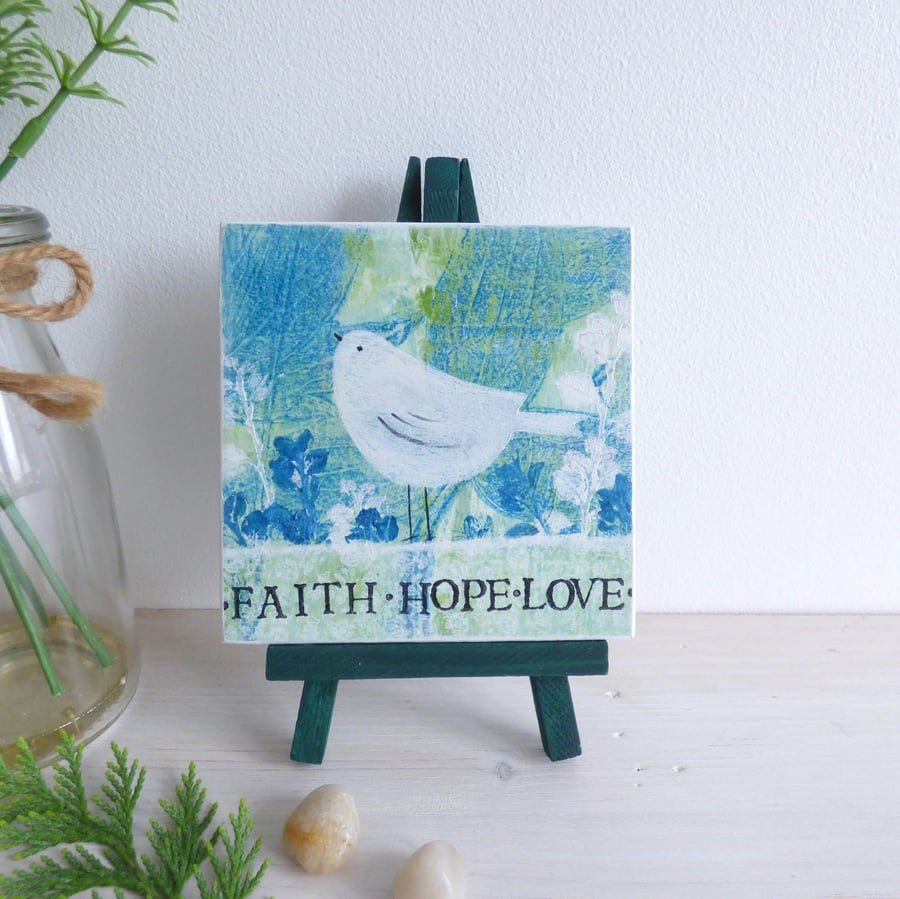 Faith Hope Love, Original Monoprint On Wood, Bird Small Art With Easel, 