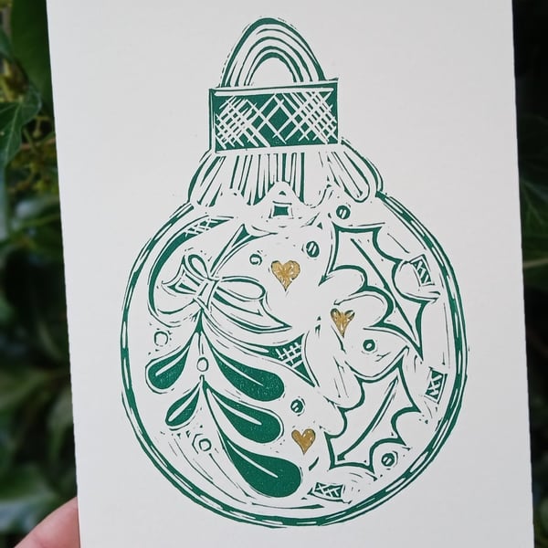 Lino Printed Christmas Card Bundle - 4 Bauble Motif Cards