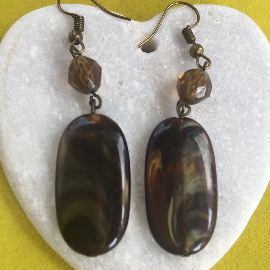 Bronze colour marbled effect drop earrings