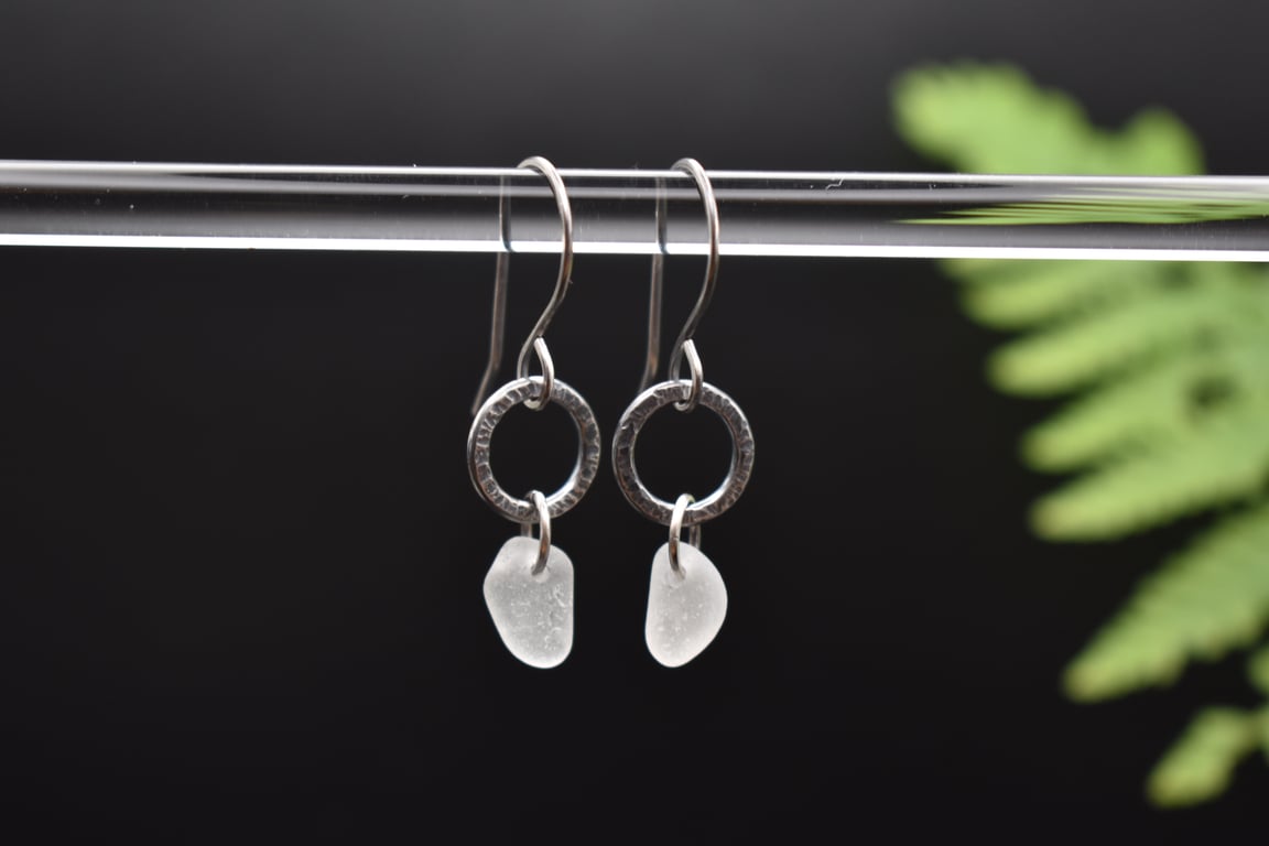Scottish Sea Glass and Recycled Sterling Silver Earrings, White