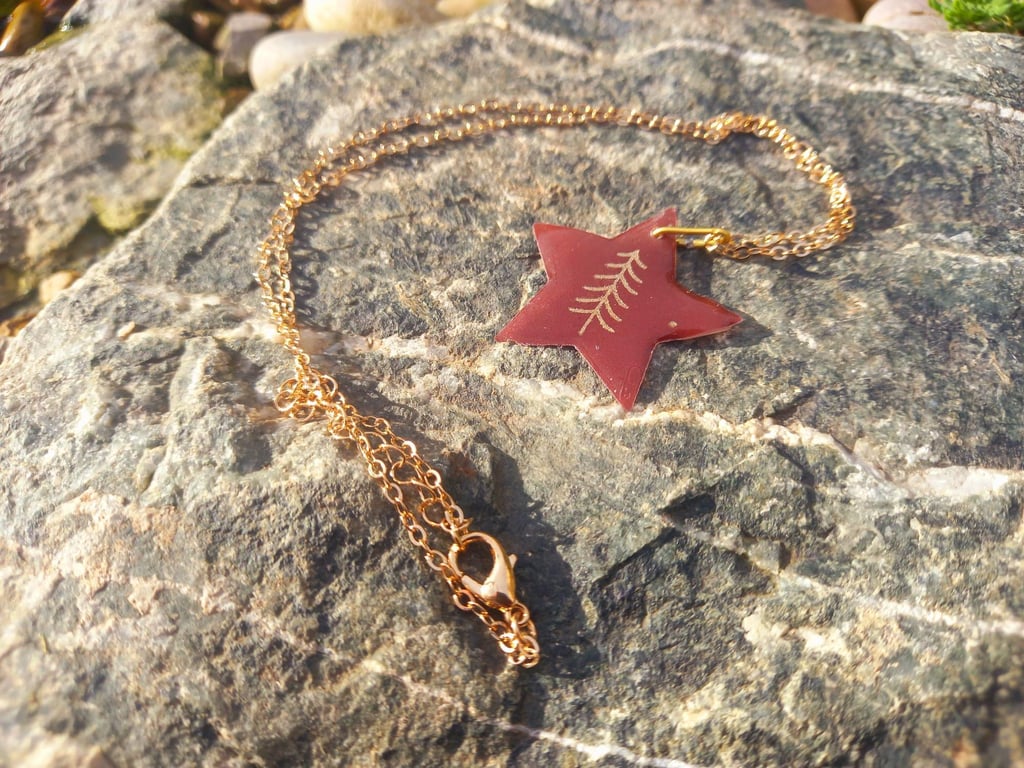 Golden Christmas Tree on a Red Star Pendant Necklace