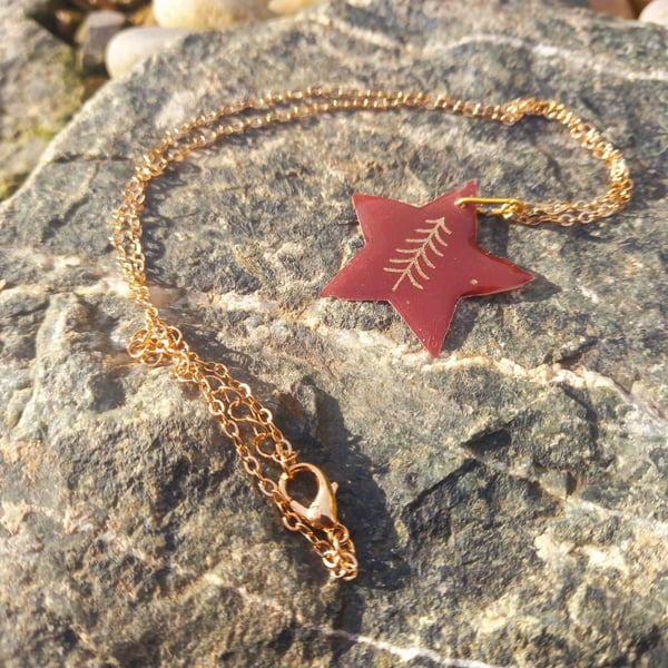 Golden Christmas Tree on a Red Star Pendant Necklace