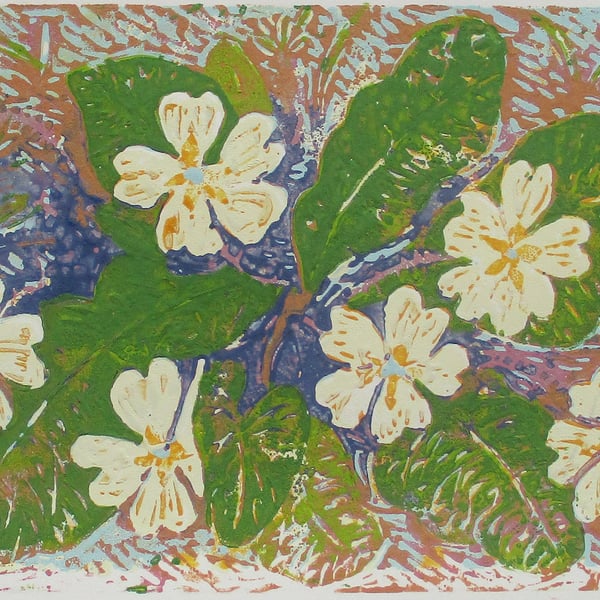 Primroses - Original Hand Pressed Linocut Print Ltd Edition