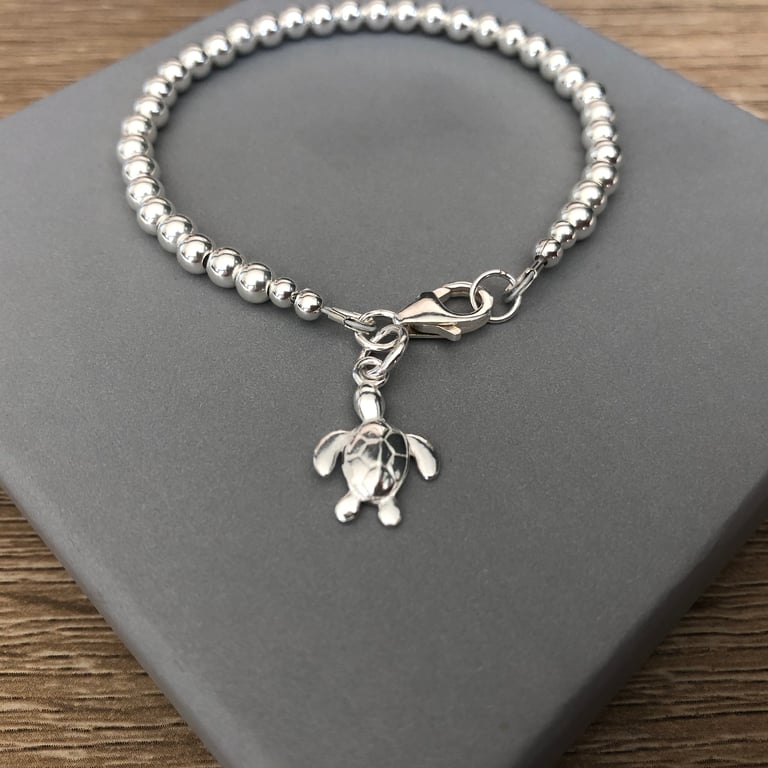 Sterling Silver Turtle Charm Bracelet, Beaded Ball Bracelet