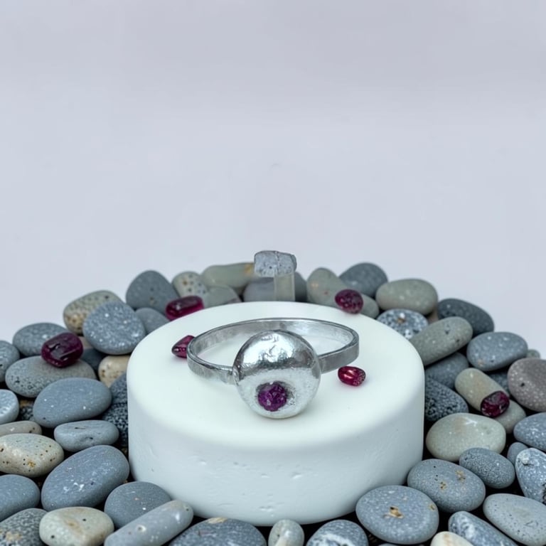 Sterling Silver 3.5mm Ruby Pebble Ring  - Gift Boxed