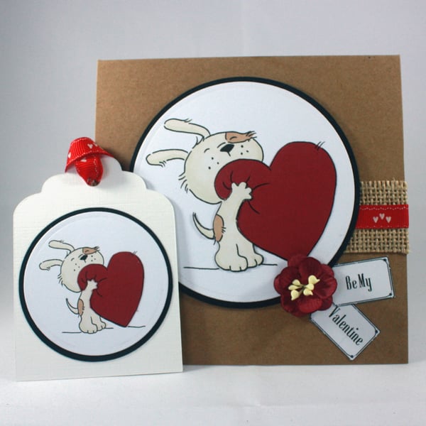 Handmade Valentine's Day card and gift tag - cute dog with heart