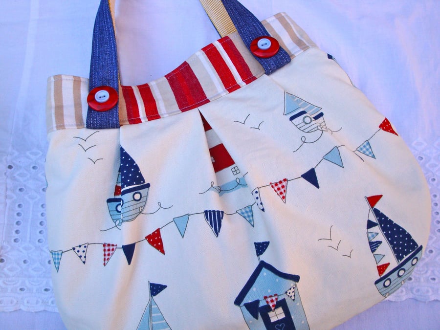 SALE Cotton Handbag - beach scene - beach huts - boats - bunting - slip pocket.
