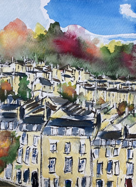 Autumn over Bath – original watercolour and ink painting, unframed