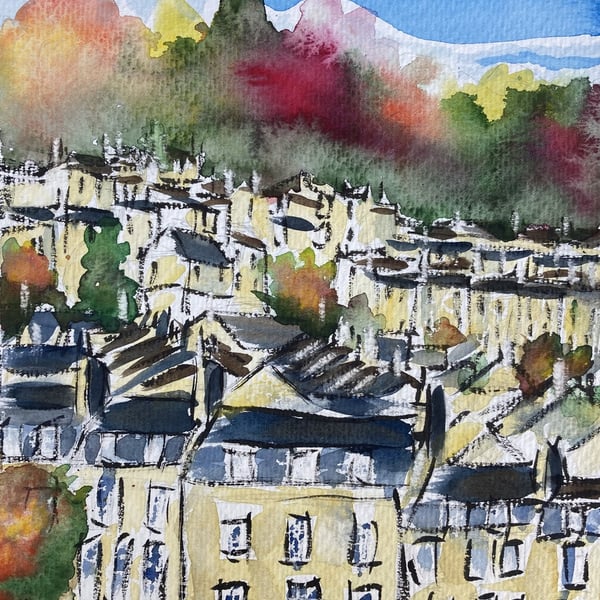 Autumn over Bath – original watercolour and ink painting, unframed