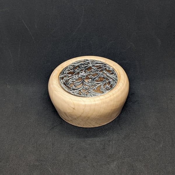 Handcrafted, Lathe Turned, Sycamore wood, potpourri bowl with pewter lid