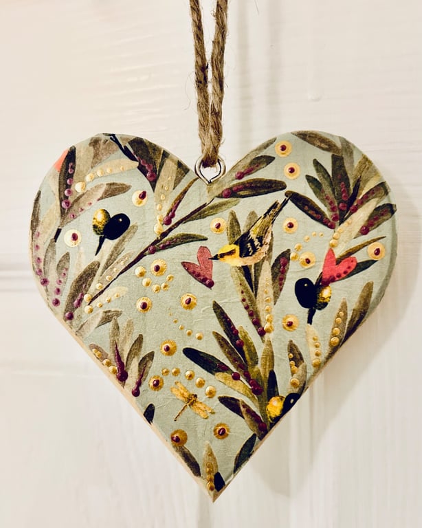 Hanging decoupaged wood heart