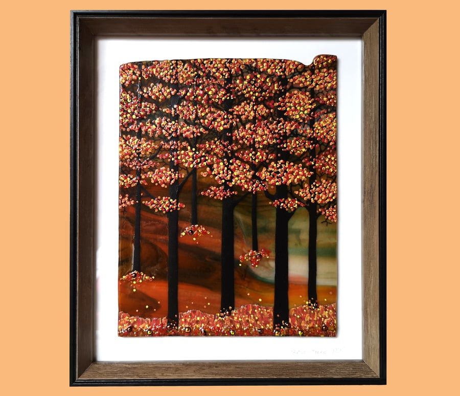 HANDMADE FUSED GLASS 'AUTUMN TREES' PICTURE.