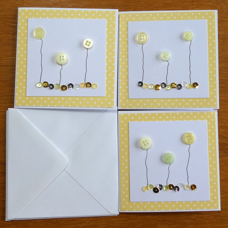 Pack of 3 Mini Blank Cards - Yellow Button Flowers and Sequins