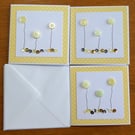 Pack of 3 Mini Blank Cards - Yellow Button Flowers and Sequins