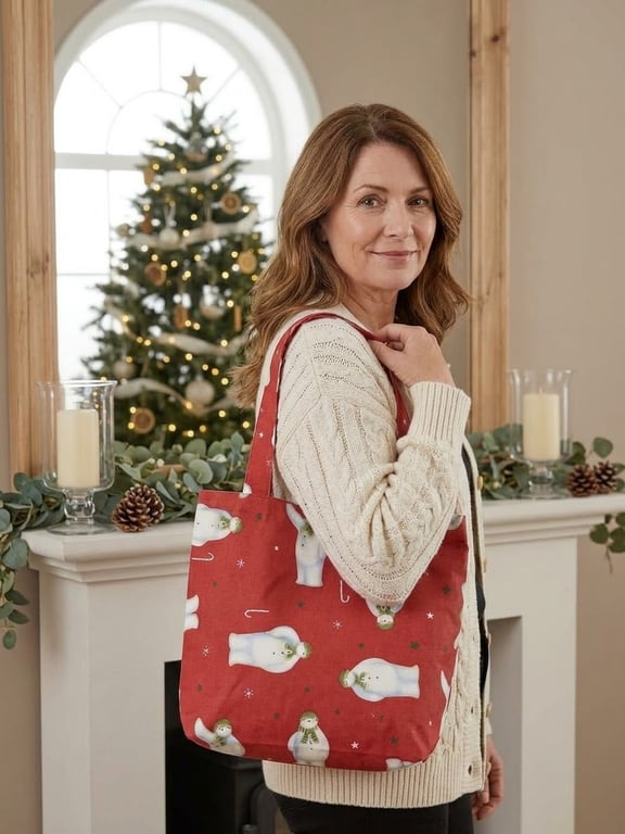 Red snowman inspired oil-cloth shoulder tote shopping bag 