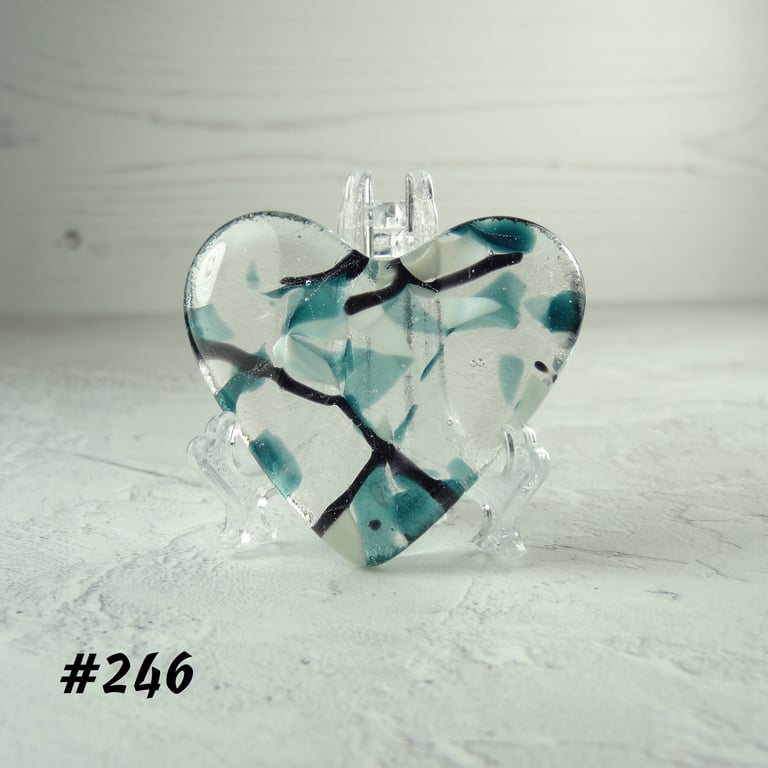 Blue black white heart fused glass pocket hug with stand 5x4.5cm (246)