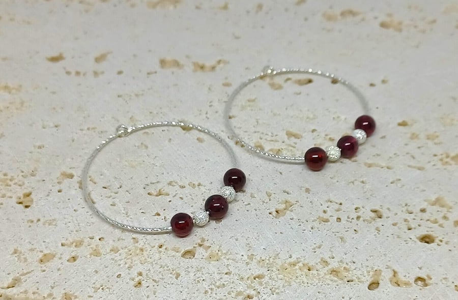 Garnet Sterling Silver Hoop Earrings, Sparkle Hoop Earrings, Sparkle Bead Earrin