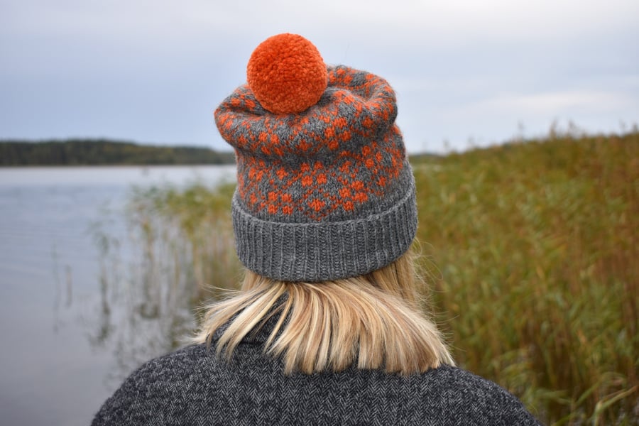 Handknit wool bobble hat. Grey winter fairisle pompom beanie hat. Made to order.