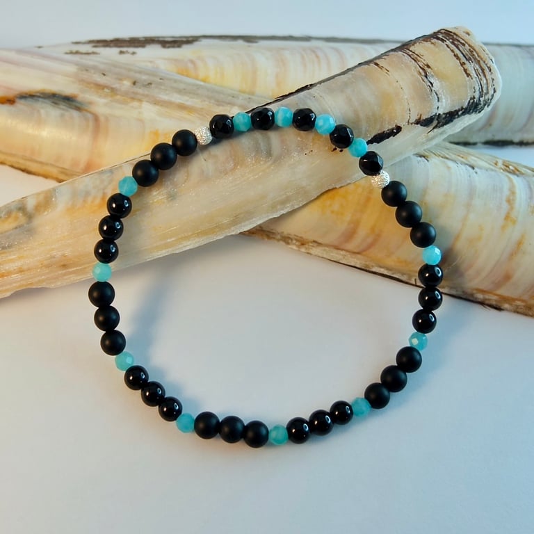 Amazonite & Onyx Beaded Stretch Bracelet, Birthday, Anniversary, Gifts For Her 