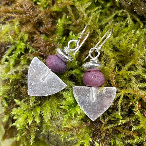Silver and raw ruby Shovel earrings