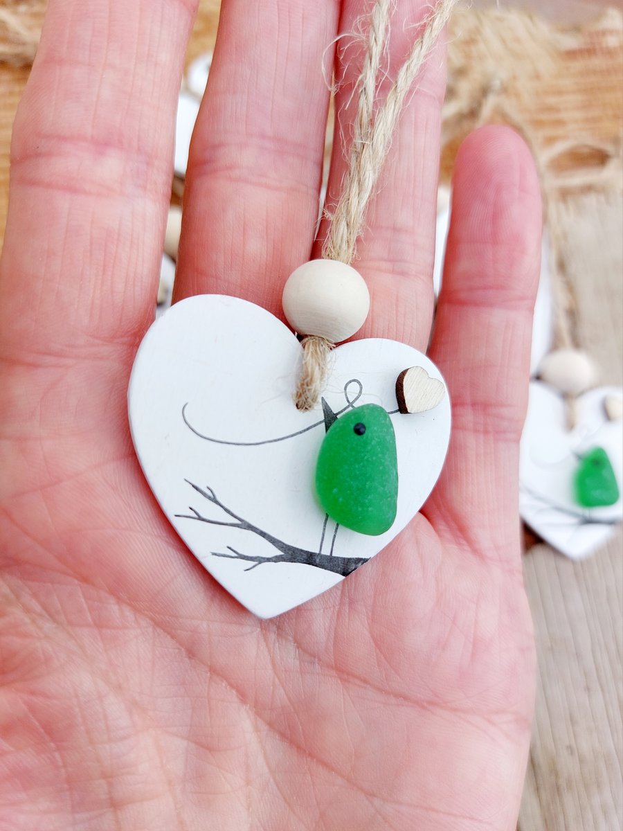 Sea Glass Hanging Decoration - Beach Glass Bird - Wooden Ornament Gift Tag