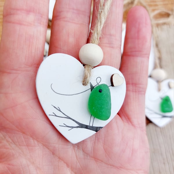 Sea Glass Hanging Decoration - Beach Glass Bird - Wooden Ornament Gift Tag