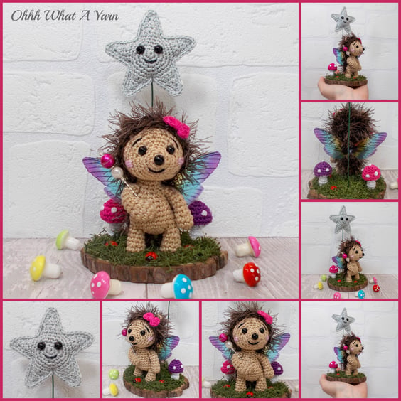 Crochet rainbow fairy hedgehog sculpture. Hedgehog ornament. 