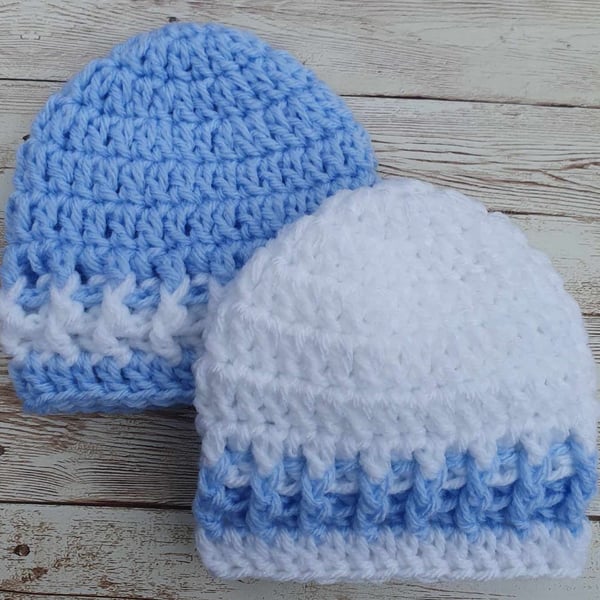 Baby Boy Hat, Blue and White Crochet Beanie Hats Preemie or 0 - 3 Months