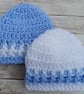 Baby Boy Hat, Blue and White Crochet Beanie Hats Preemie or 0 - 3 Months - Image 1