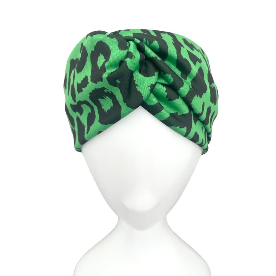 Leopard silky feel green and black twisted head wrap headband for women