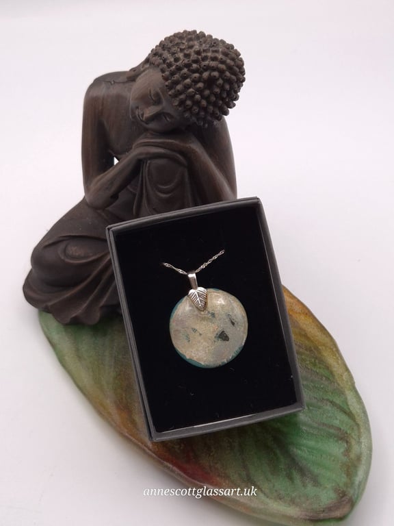 Turquoise Round Fused Glass Reactions Pendant with Real Silver Leaf Inclusion