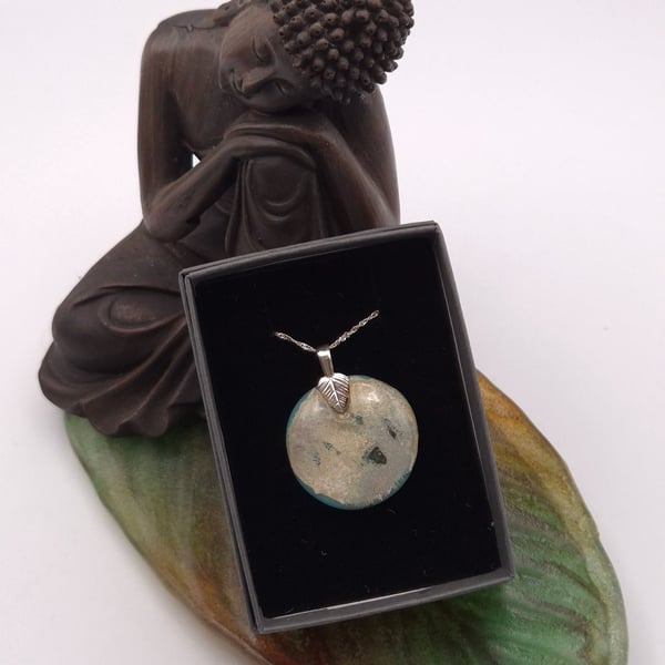 Turquoise Round Fused Glass Reactions Pendant with Real Silver Leaf Inclusion