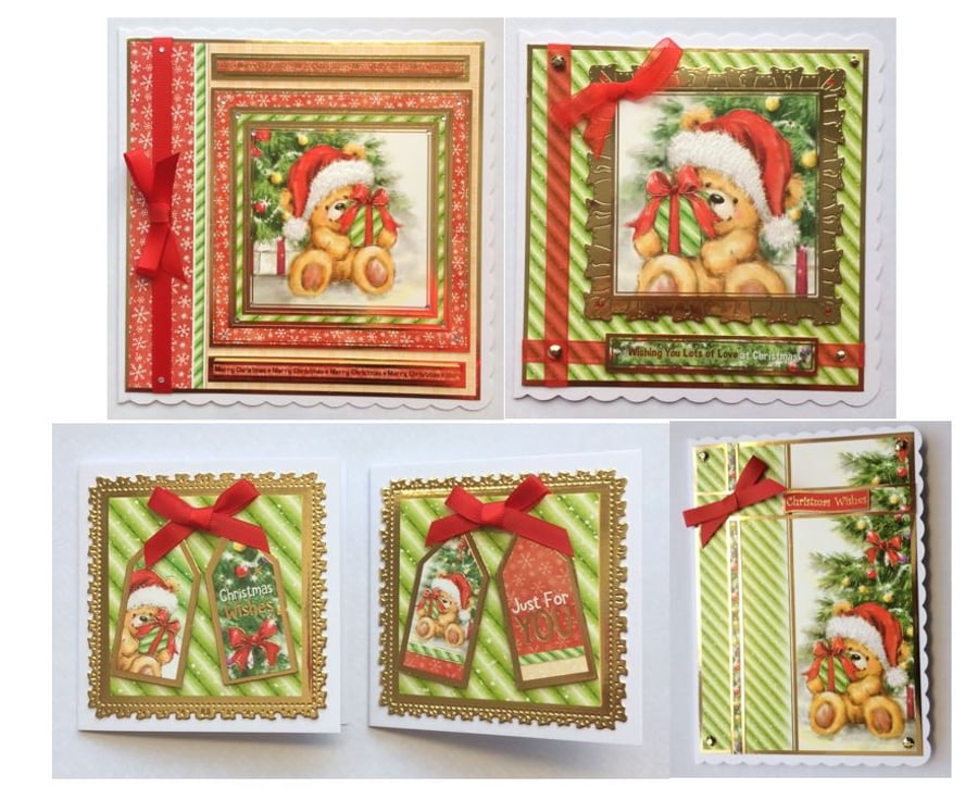 5 Christmas Cards Teddy Bear Gifts Set of 5 Cards 3D Luxury Handmade Cards