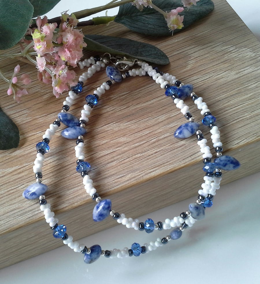 Sodalite, Heamotite, Crystal & Seed Bead Silver Plated Necklace