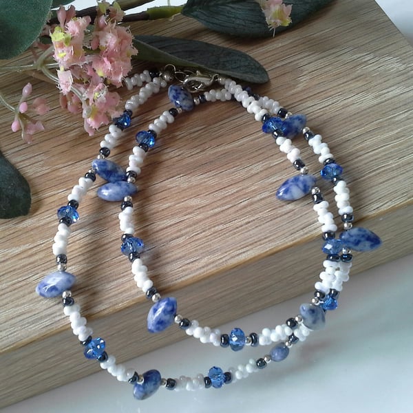 Sodalite, Heamotite, Crystal & Seed Bead Silver Plated Necklace