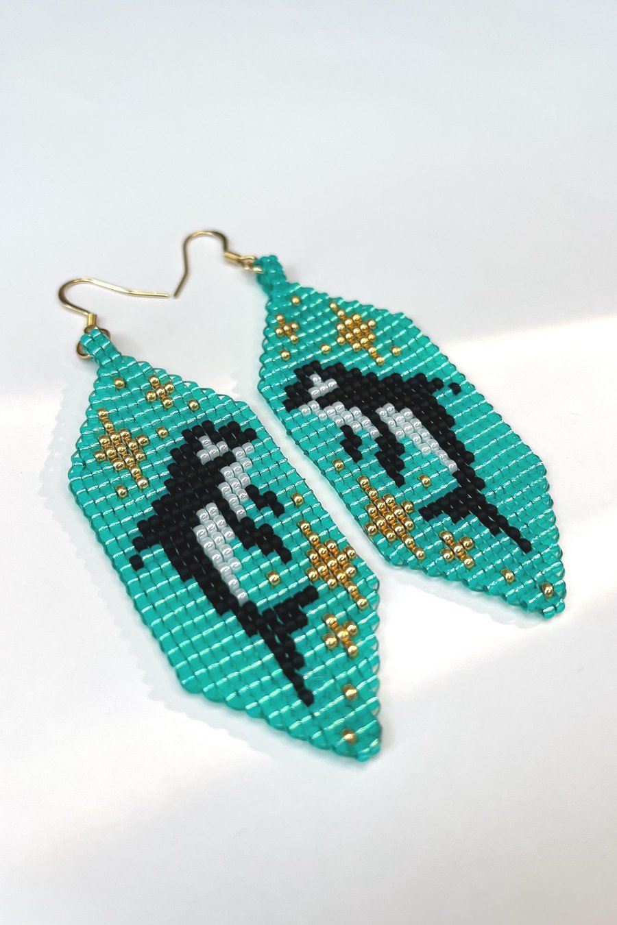 Turquoise Orca Whale Earrings – Loom Beaded Statement Earrings with Gold Accents