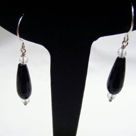 Black Onyx and Clear Quartz Gemstone Drop Earrings.
