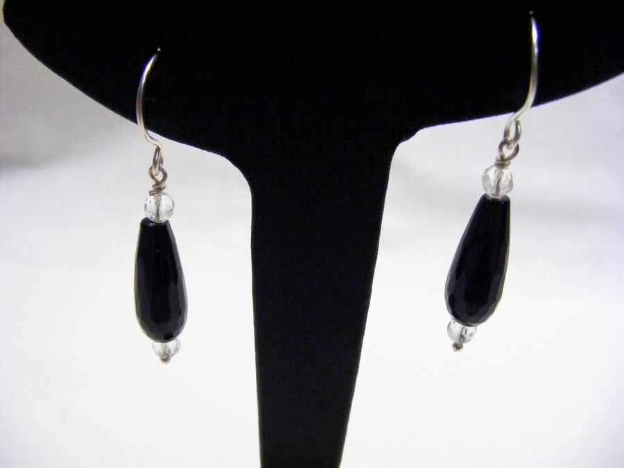 Black Onyx and Clear Quartz Gemstone Drop Earrings.