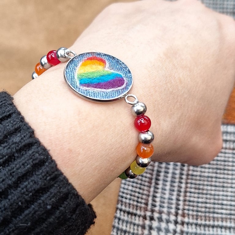 LGBT Rainbow Pride Bracelet, Needle Felted on Upcycled Denim with Beads